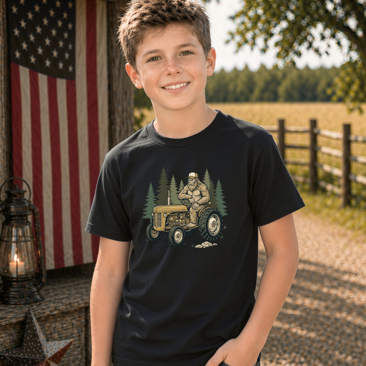 Youth model wearing a black T-shirt with a woodland tractor graphic.
