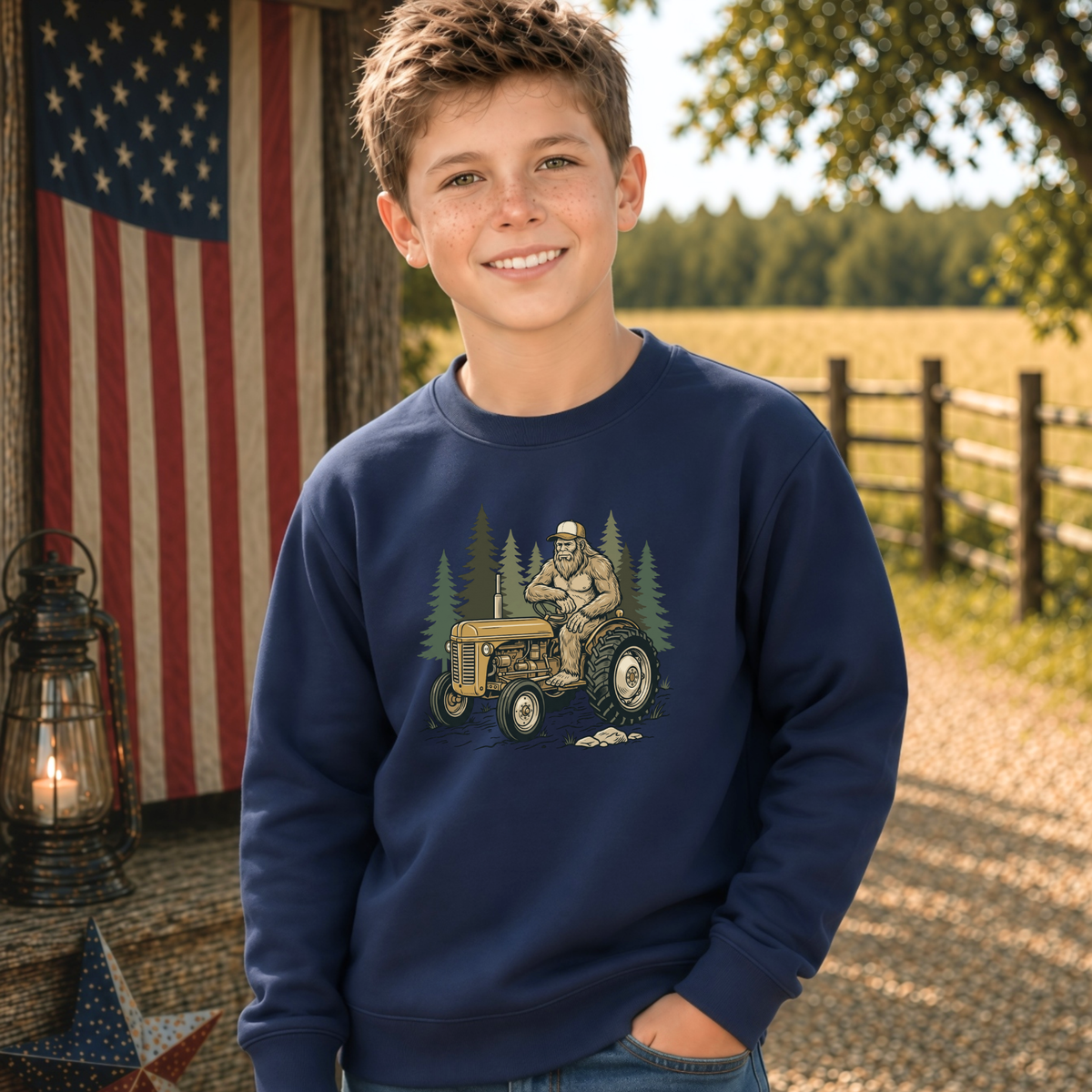 Youth model wearing a navy crewneck sweatshirt with a woodland tractor graphic.