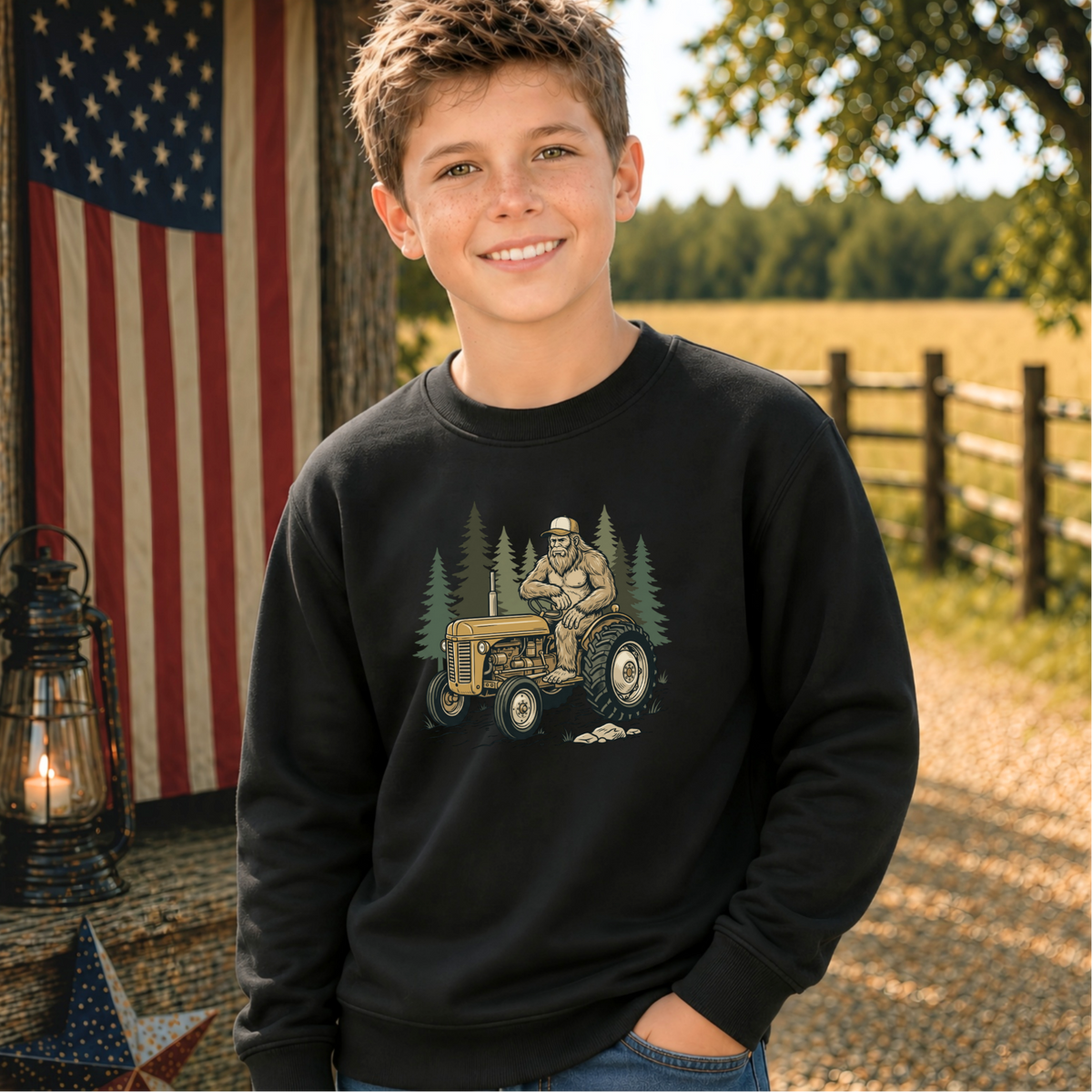 Youth model wearing a black crewneck sweatshirt with a woodland tractor graphic.