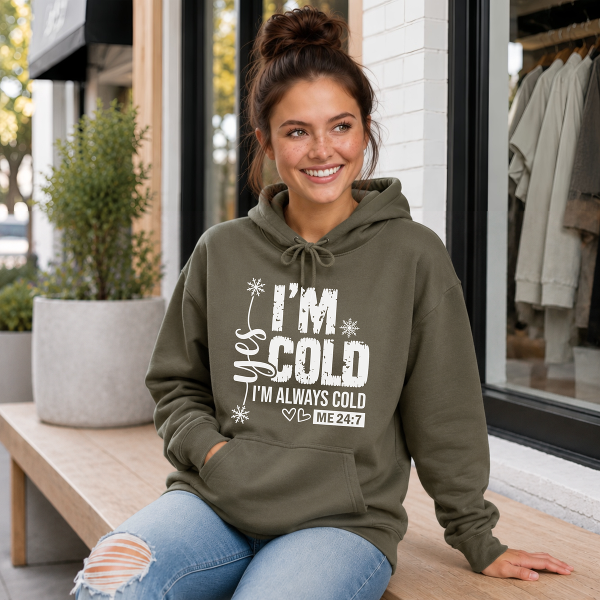 Military green hoodie with Yes I'm Cold graphic for women
