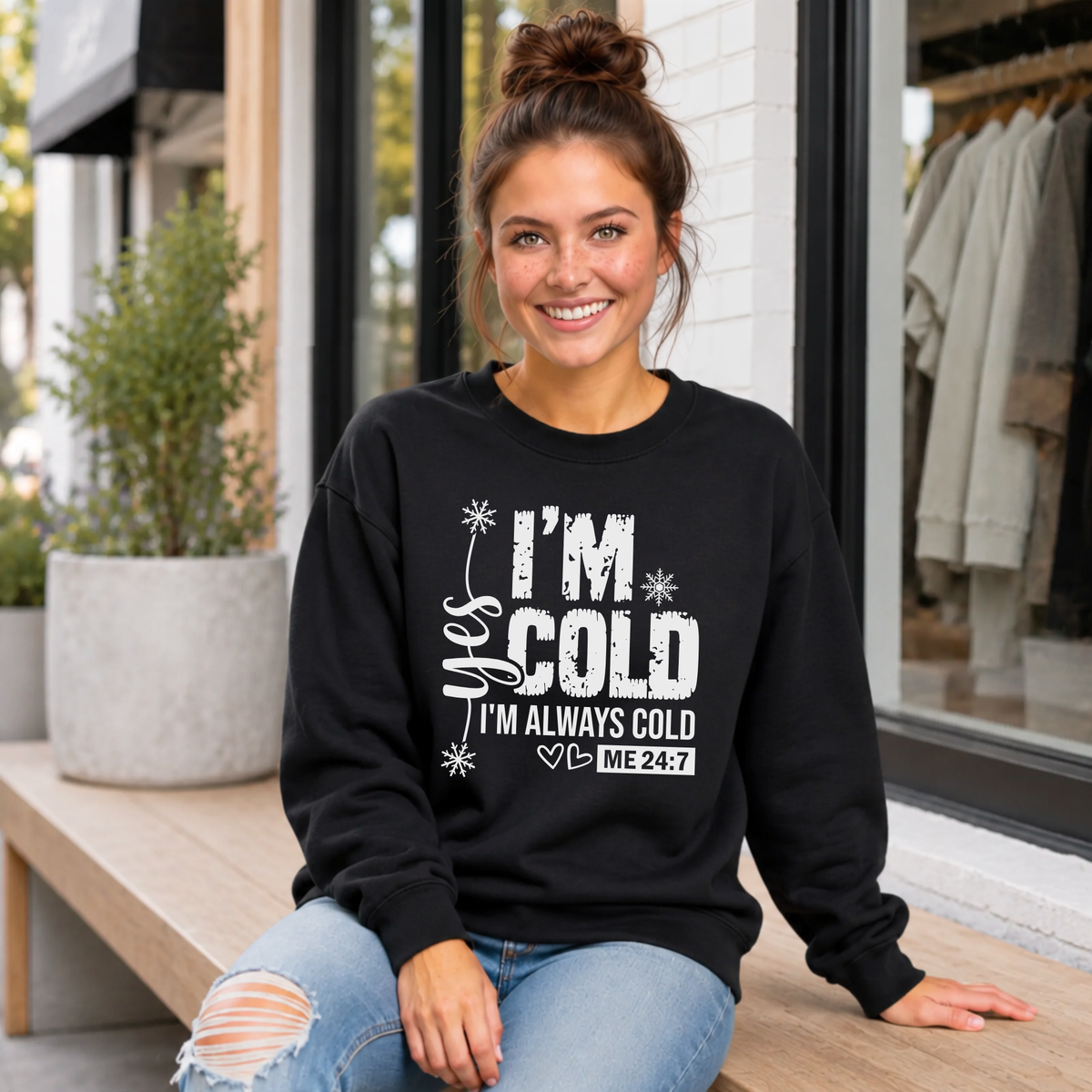 Black crewneck sweatshirt with Yes I'm Cold graphic for women