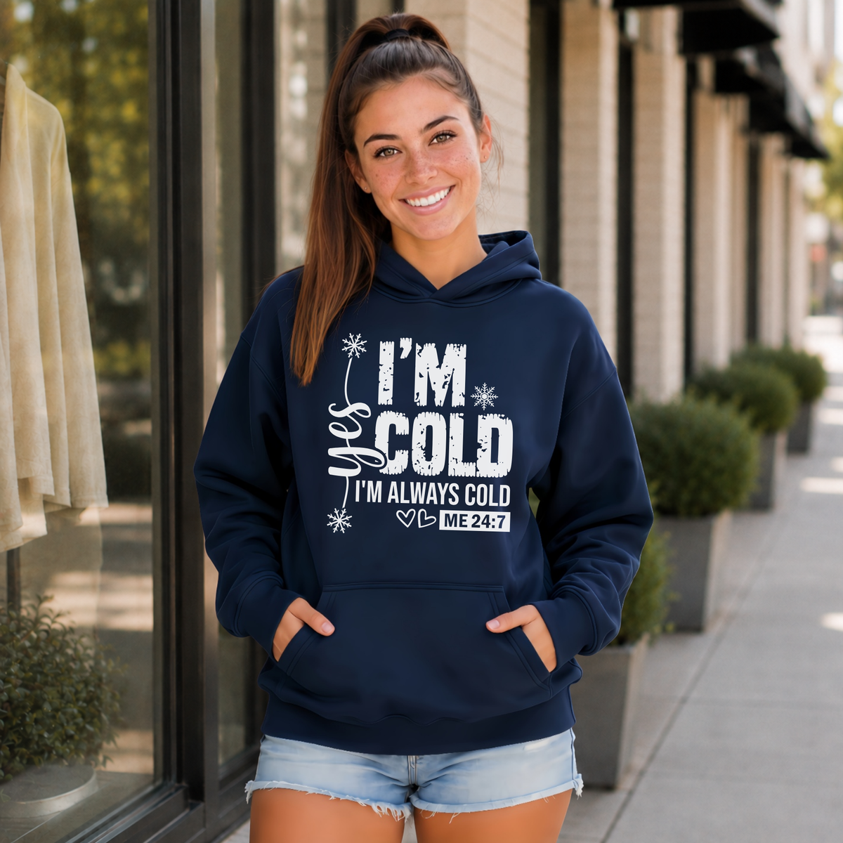 Navy hoodie with Yes I'm Cold graphic for women