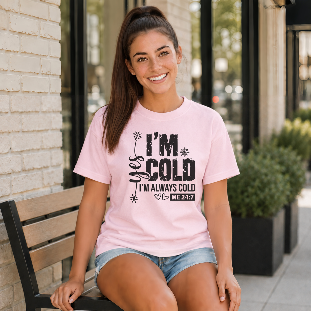 Light pink T-shirt with Yes I'm Cold graphic for women