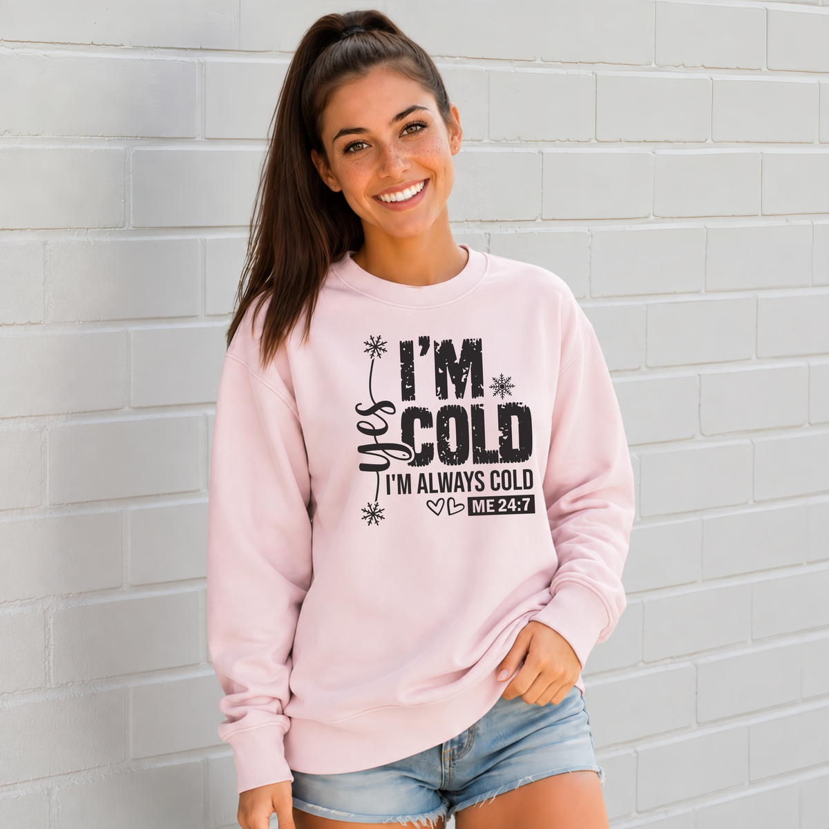 Light pink crewneck sweatshirt with Yes I'm Cold graphic for women