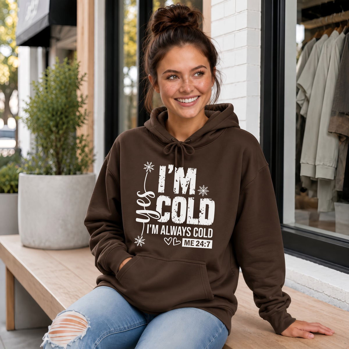 Brown hoodie with Yes I'm Cold graphic for women