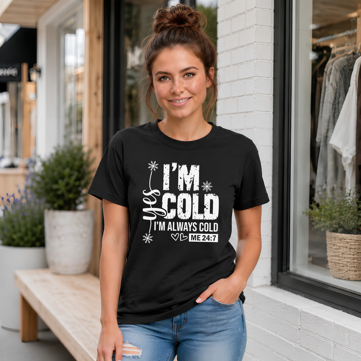 Black T-shirt with Yes I'm Cold graphic for women