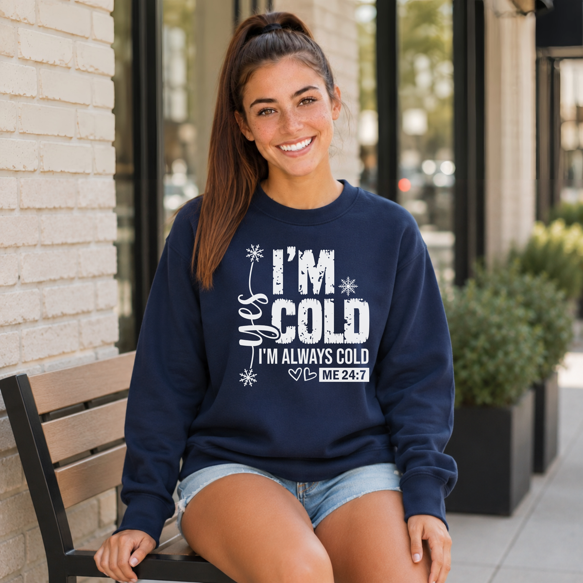 Navy crewneck sweatshirt with Yes I'm Cold graphic for women
