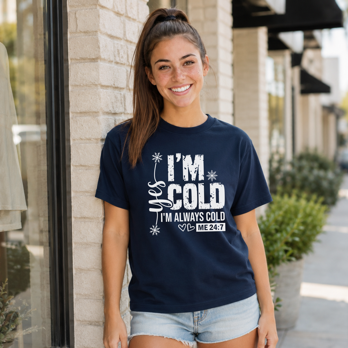 Navy T-shirt with Yes I'm Cold graphic for women
