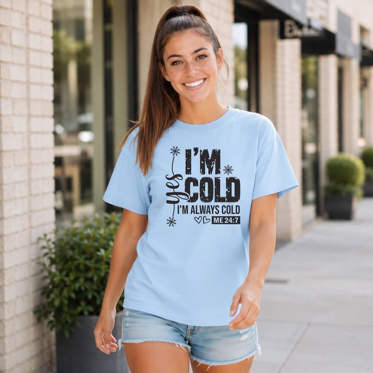 Light blue T-shirt with Yes I'm Cold graphic for women
