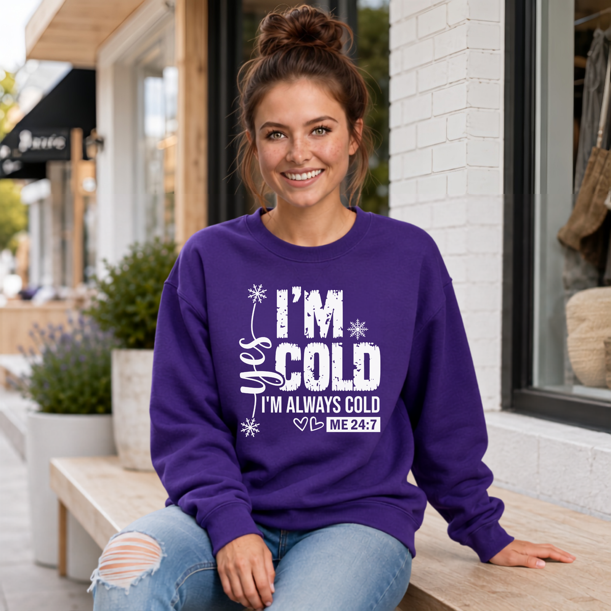 Purple crewneck sweatshirt with Yes I'm Cold graphic for women