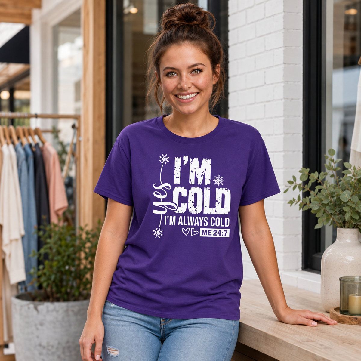 Purple T-shirt with Yes I'm Cold graphic for women