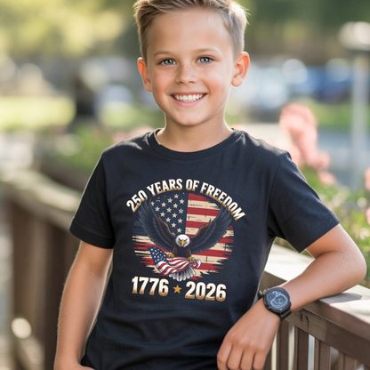 Young Boy wearing a t-shirt with an American flag and eagle design, standing outdoors.