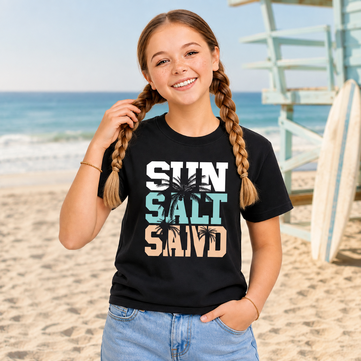 Smiling girl wearing a black Sun Salt Sand youth T-shirt on a sandy beach with ocean waves and a lifeguard tower behind her.