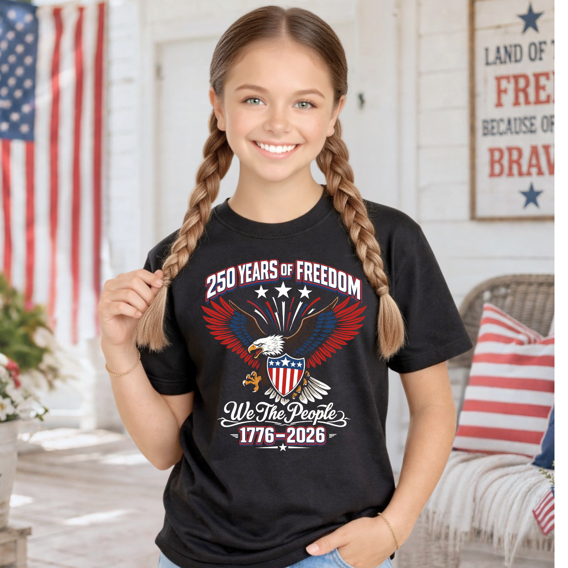Young girl wearing a blackAmerica 250 Eagle  t-shirt with a patriotic design, sitting in a room with a flag in the background.