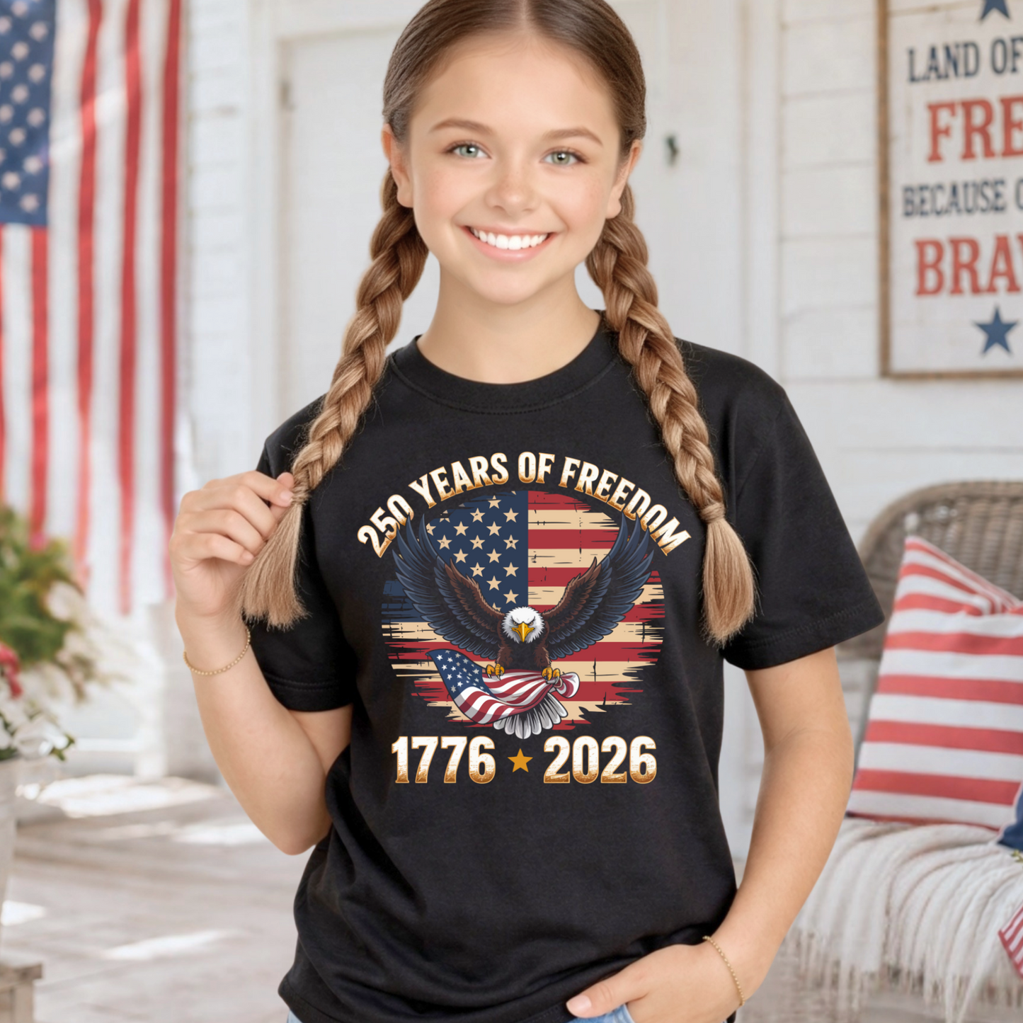 Young girl wearing a black America 250 Years of freedom t-shirt with a patriotic design, standing in a room with American flags.