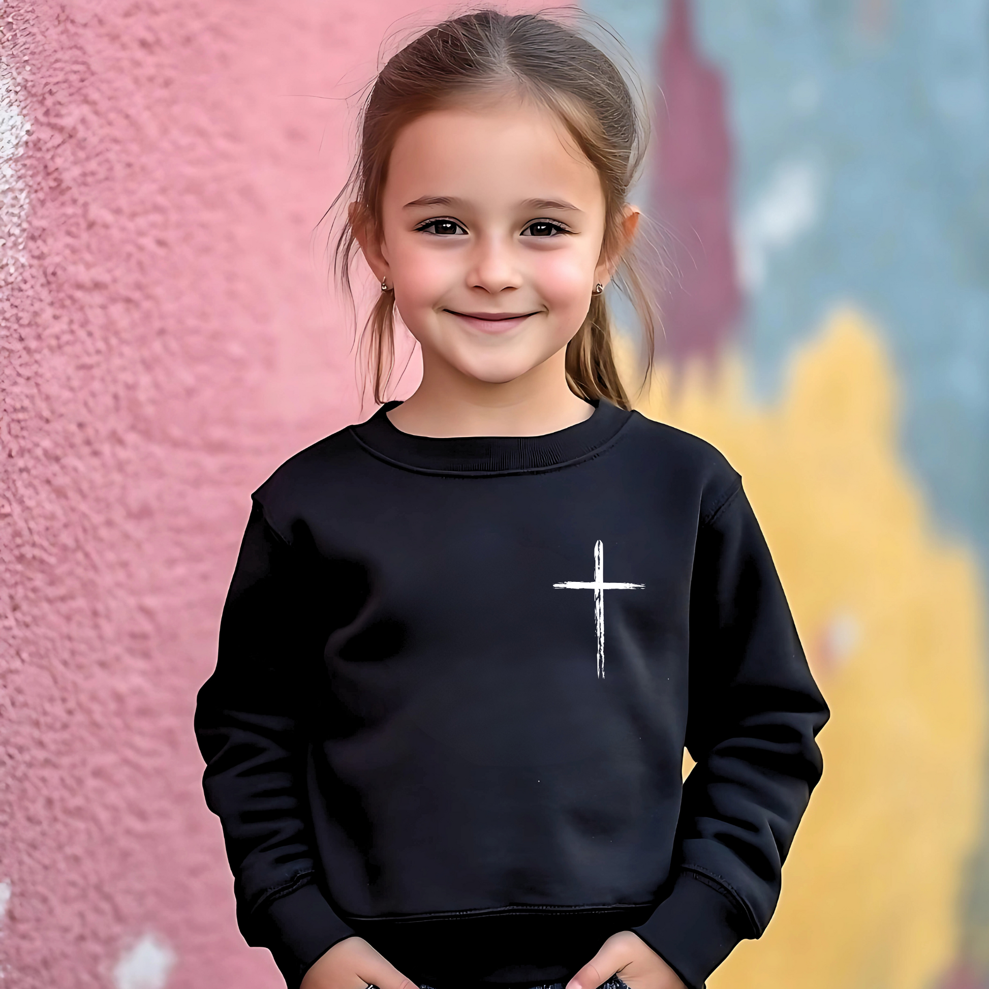 Young girl wearing a black 'Jesus Has My Back' youth sweatshirt with a cross design,