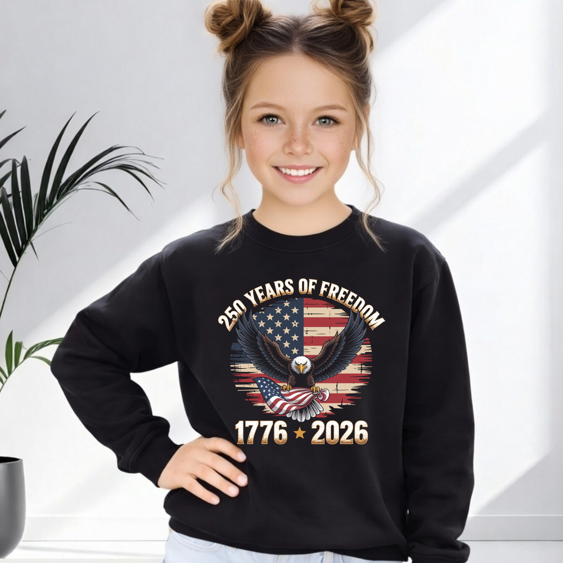Young girl wearing a black sweatshirt with an eagle and American flag design, standing against a light background.