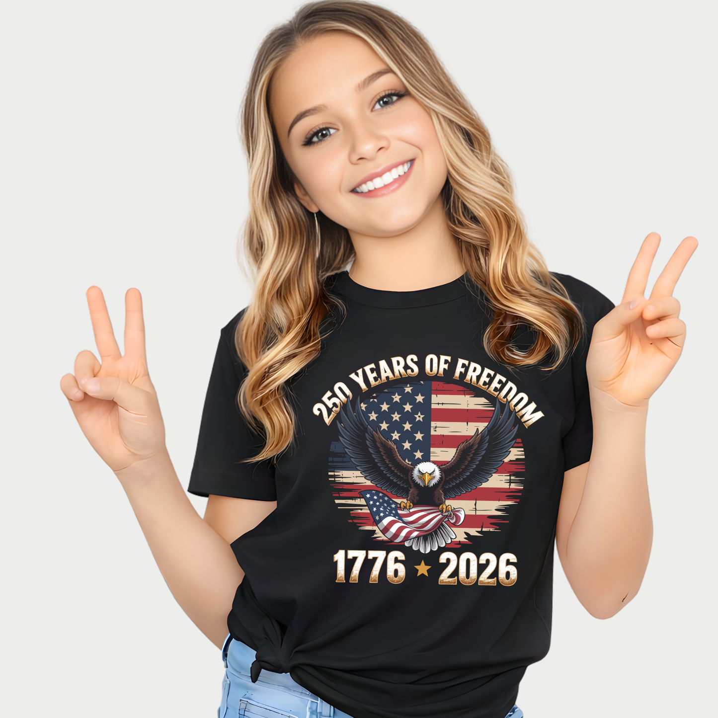 Young girl wearing a black t-shirt with a design celebrating 250 years of freedom, showing peace signs.