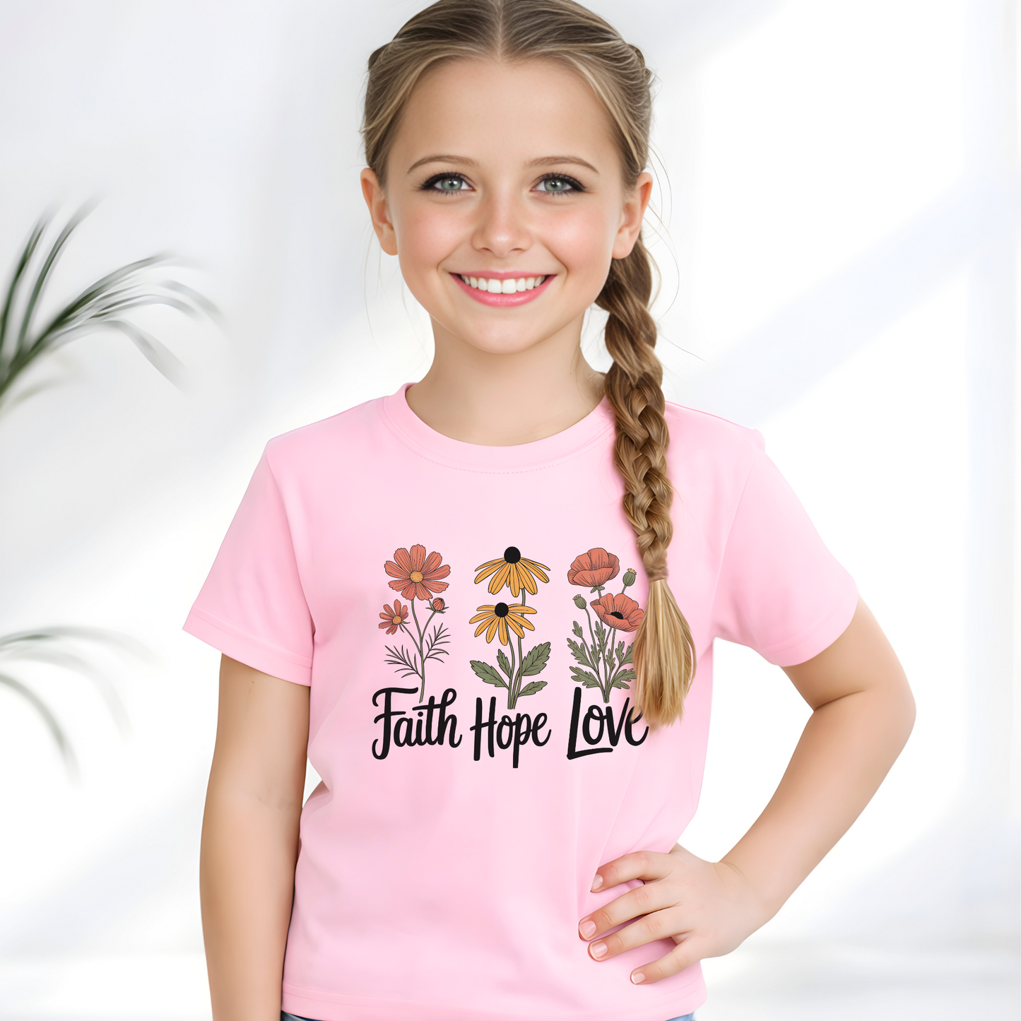 Young girl wearing a pink t-shirt with floral designs and 'Faith Hope Love' text on a white background