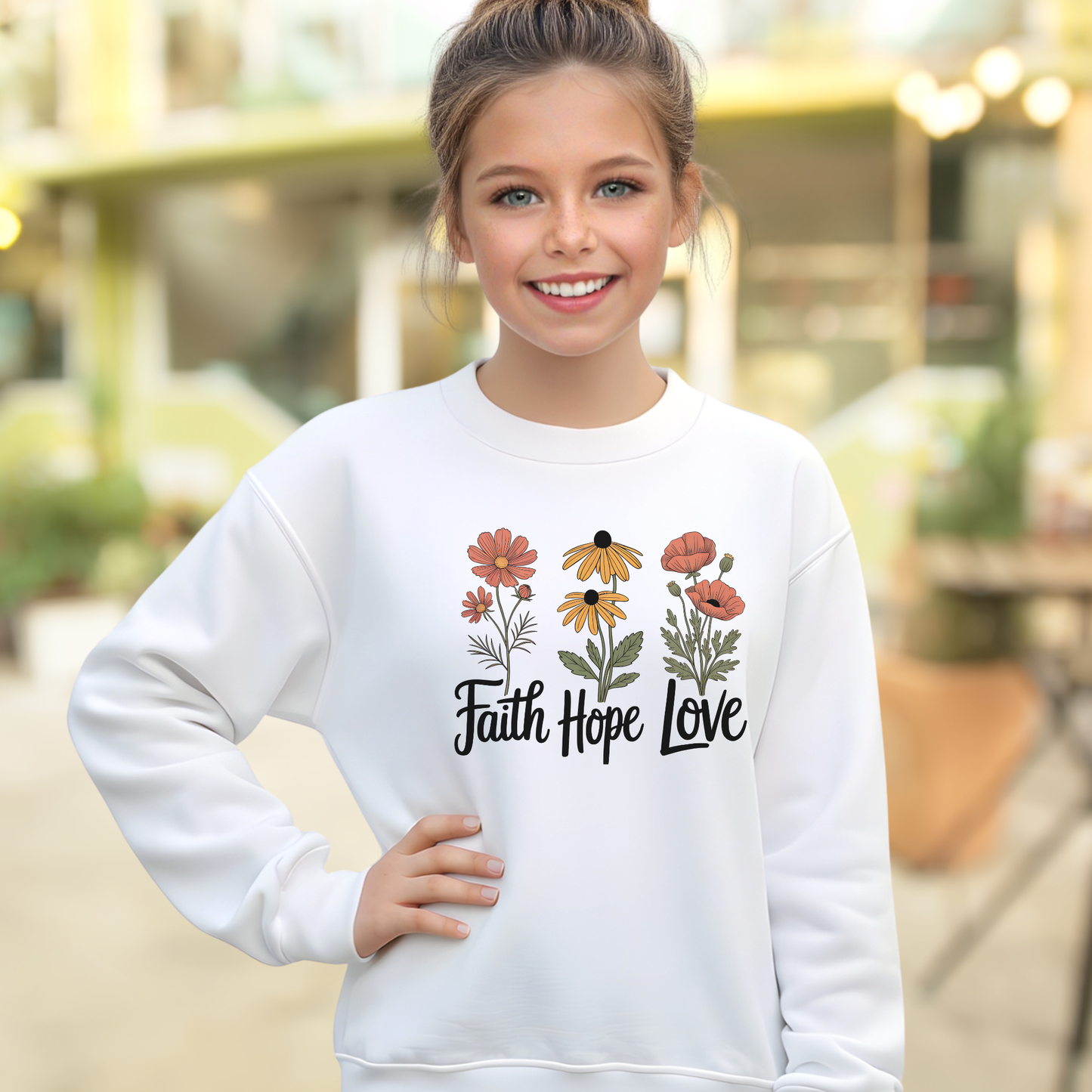 Young girl wearing a white sweatshirt with floral designs and 'Faith Hope Love' text.