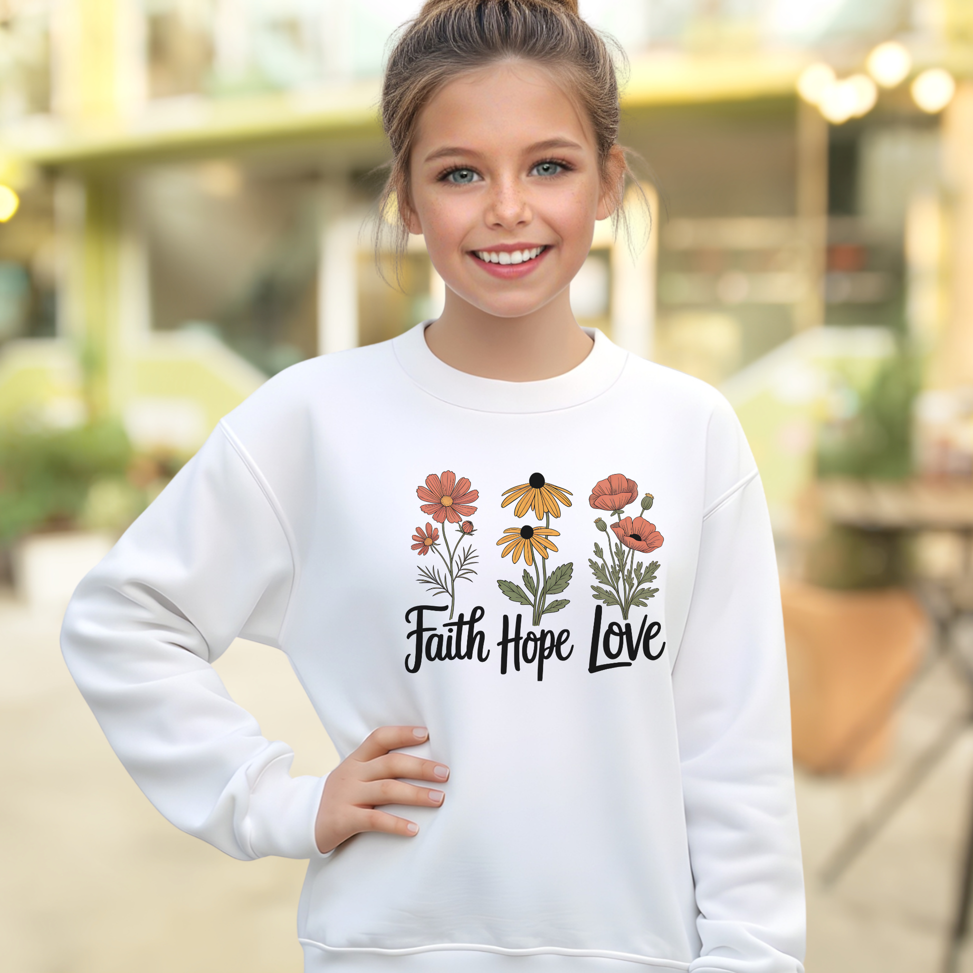Young girl wearing a white sweatshirt with floral designs and 'Faith Hope Love' text.