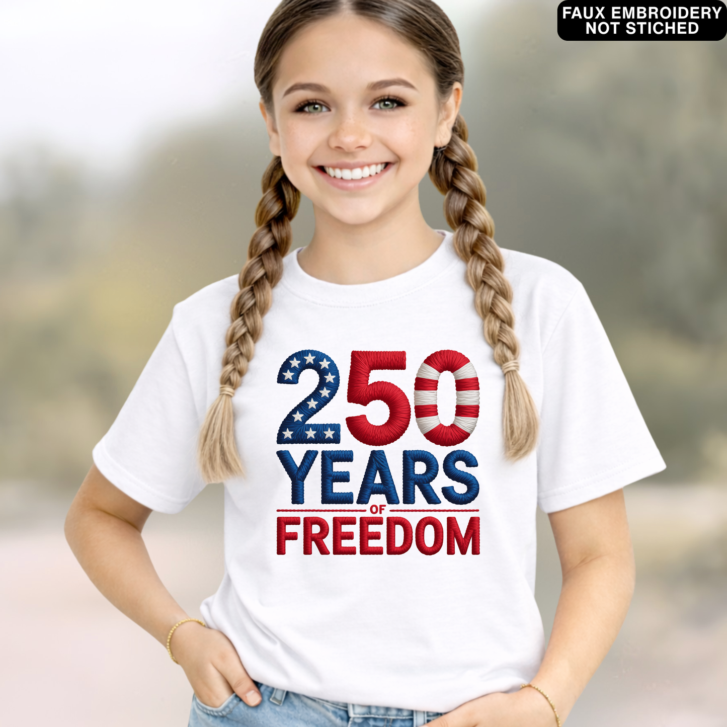 Young girl wearing a white t-shirt with '250 Years of Freedom' design.