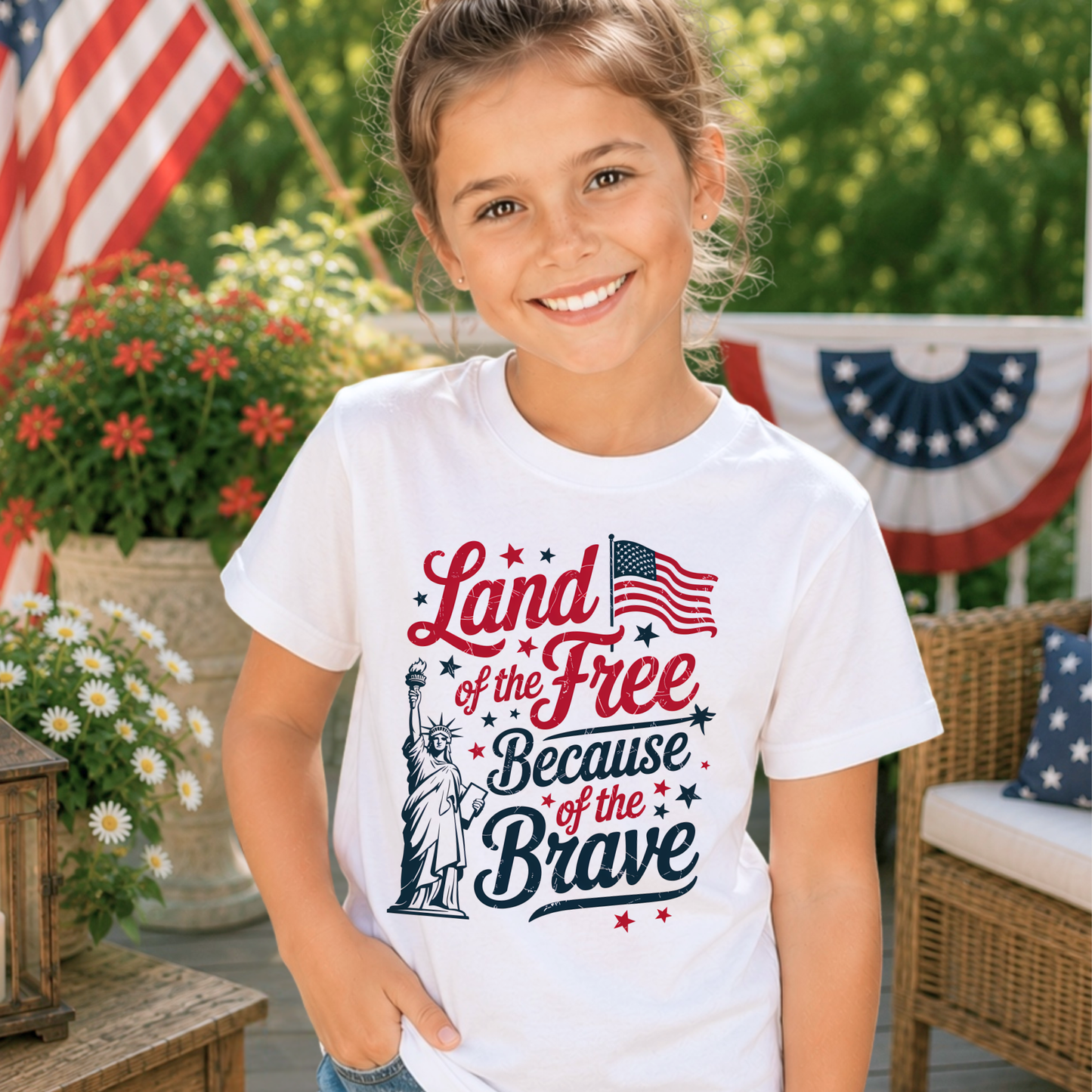 Young girl wearing a white t-shirt with a patriotic design, standing outdoors with an American flag and flowers in the background.
