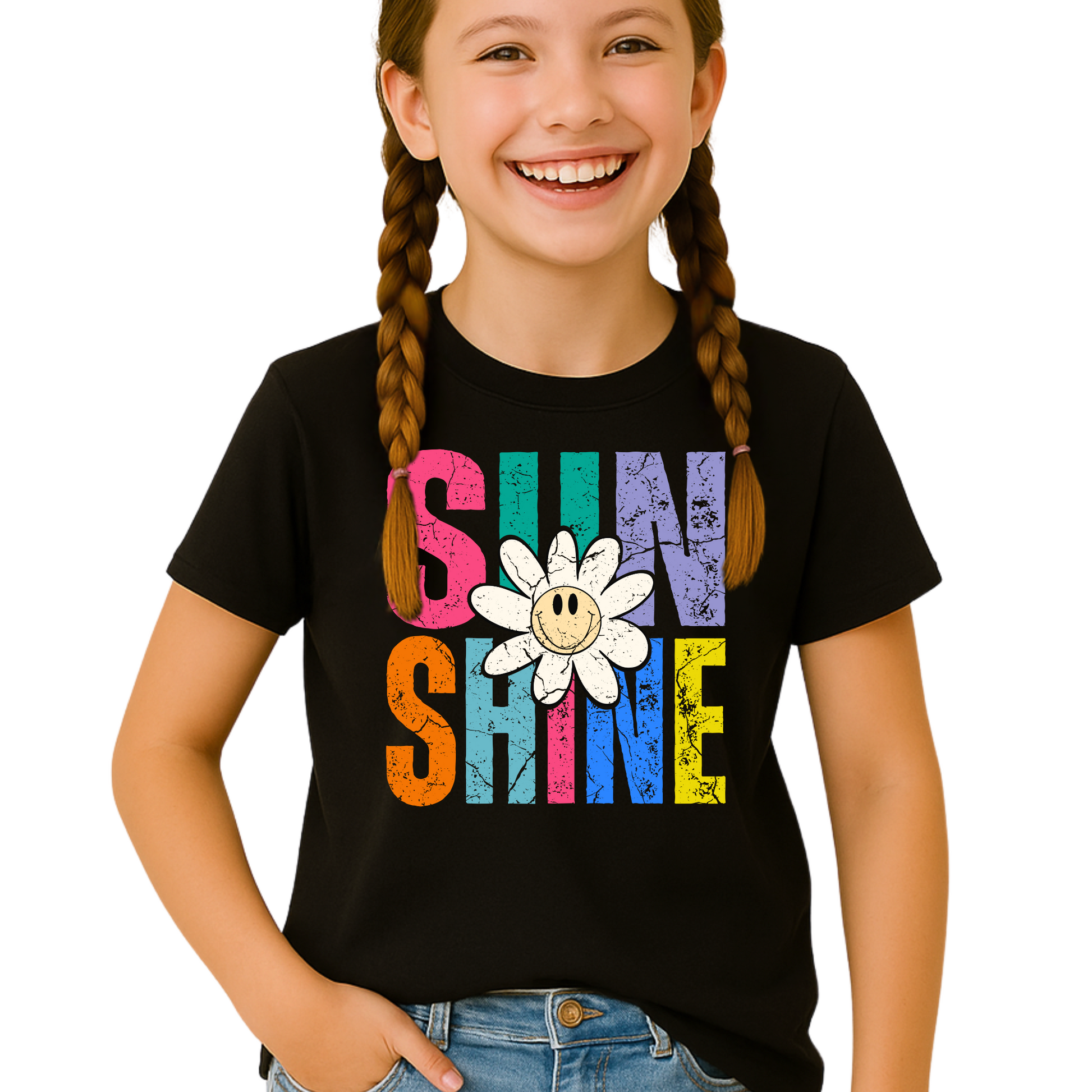 Young girl with braided hair wearing a black Sunshine T-shirt with a white daisy and bold rainbow block letters

