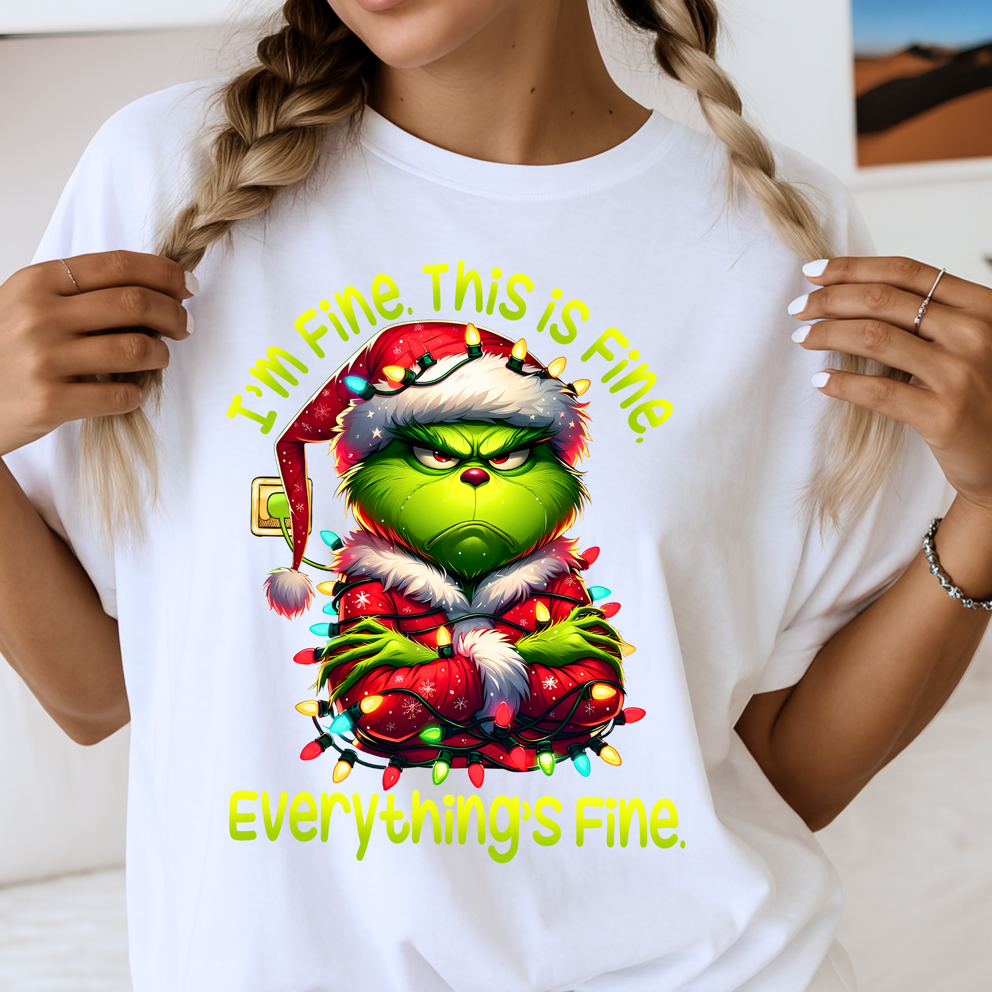 White unisex t-shirt featuring humorous I’m Fine Christmas design with character and lights.