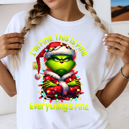 White unisex t-shirt featuring humorous I’m Fine Christmas design with character and lights.