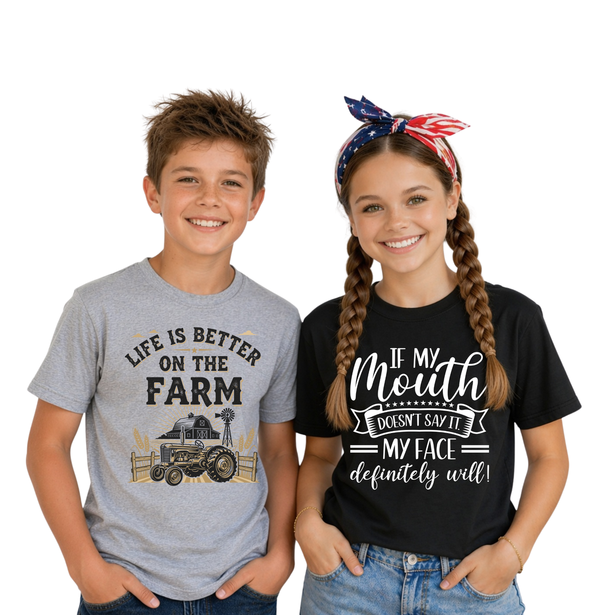 A boy and a girl standing side by side against a white background, both wearing graphic t-shirts. The boy wears a heather gray t-shirt with a tractor and barn graphic and the text 'LIFE IS BETTER ON THE FARM'.