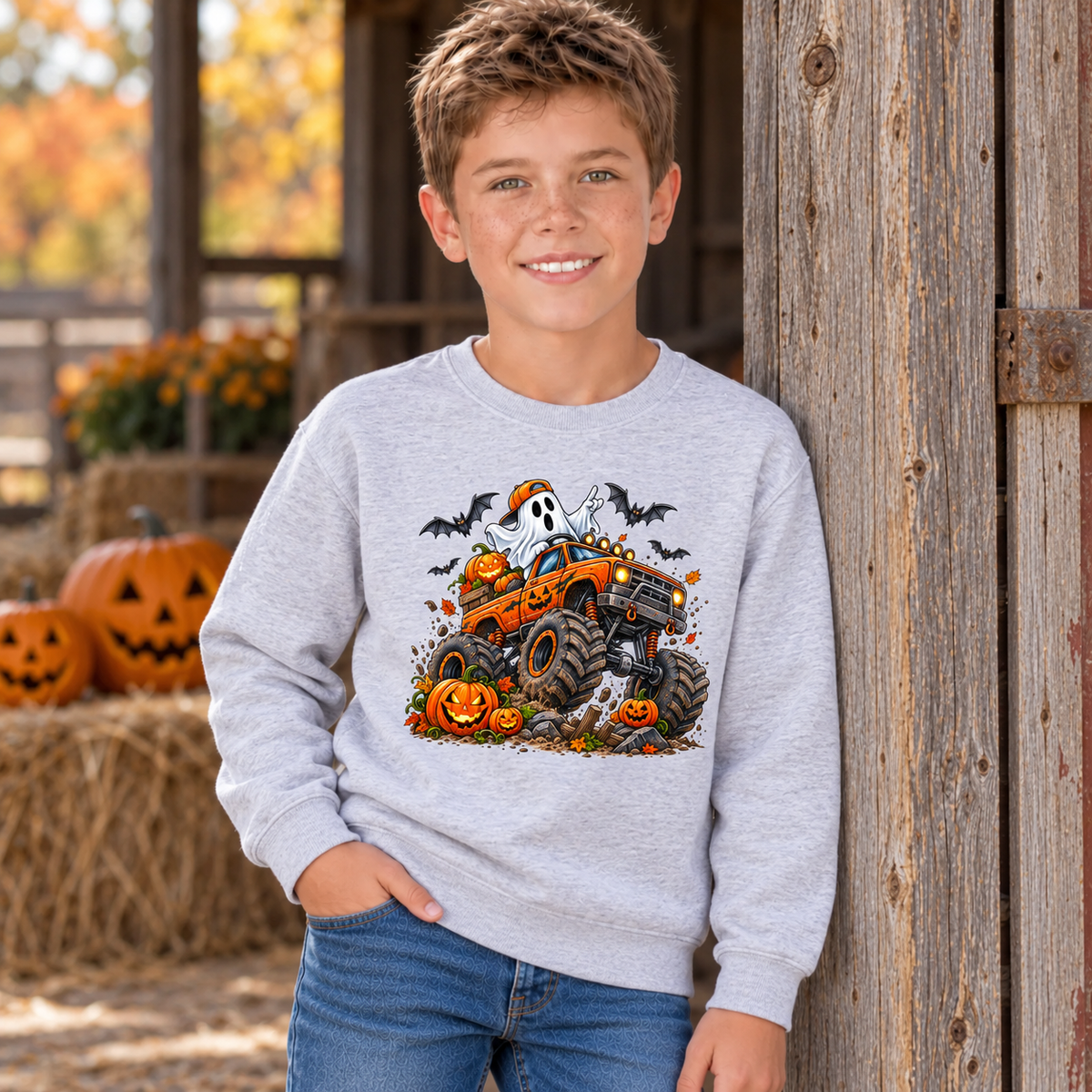 Boy wearing a sports gray youth crewneck sweatshirt with an orange Halloween monster truck, friendly ghost, jack-o-lanterns, and bats while leaning against a rustic barn.