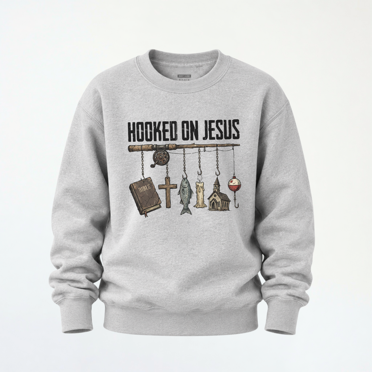 Sports gray youth crewneck sweatshirt flat lay with a Hooked On Jesus fishing rod graphic featuring a Bible, cross, fish, church, and bobber.