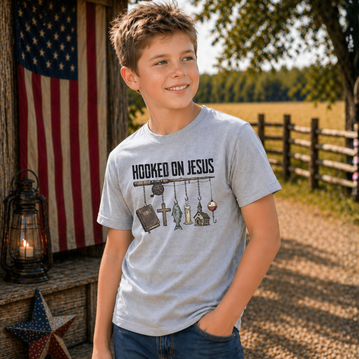 Boy wearing a sports gray youth Hooked On Jesus T-shirt in a rustic outdoor setting with an American flag, lantern, and barn star.