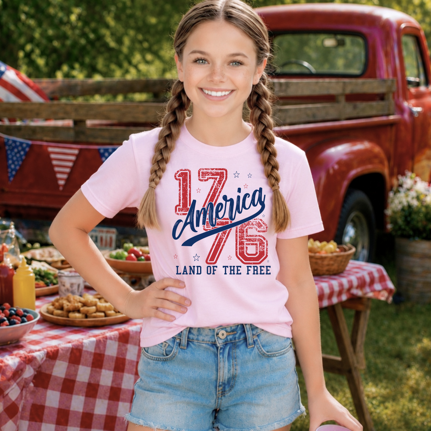 Girl wearing a pink t-shirt with '1776 America Land of the Free' design, standing in front of a vintage red truck and picnic setup.