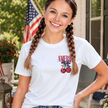 America Cherry Bow Pocket Tee – Pink Patriotic Graphic Shirt