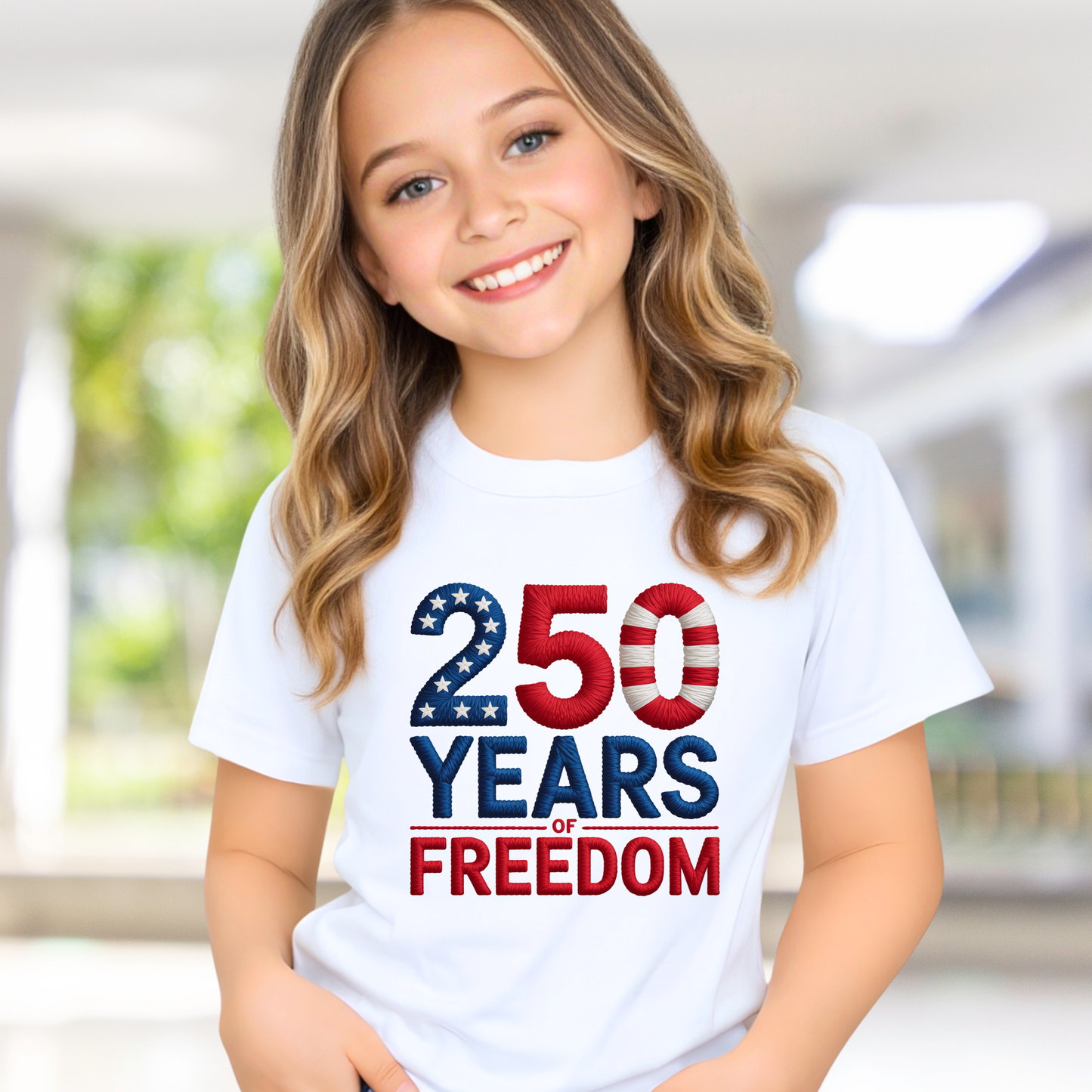 White youth t-shirt with 250 Years of Freedom patriotic design outdoor lifestyle photo