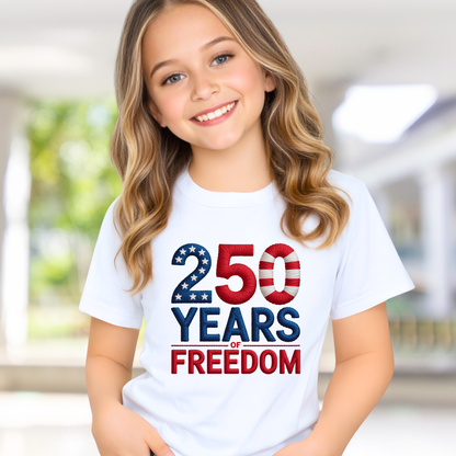 White youth t-shirt with 250 Years of Freedom patriotic design outdoor lifestyle photo
