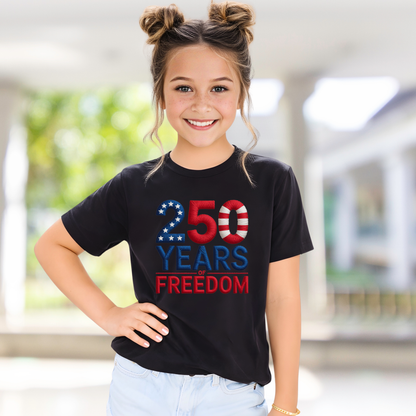 Black youth t-shirt with 250 Years of Freedom patriotic design outdoor lifestyle photo,
