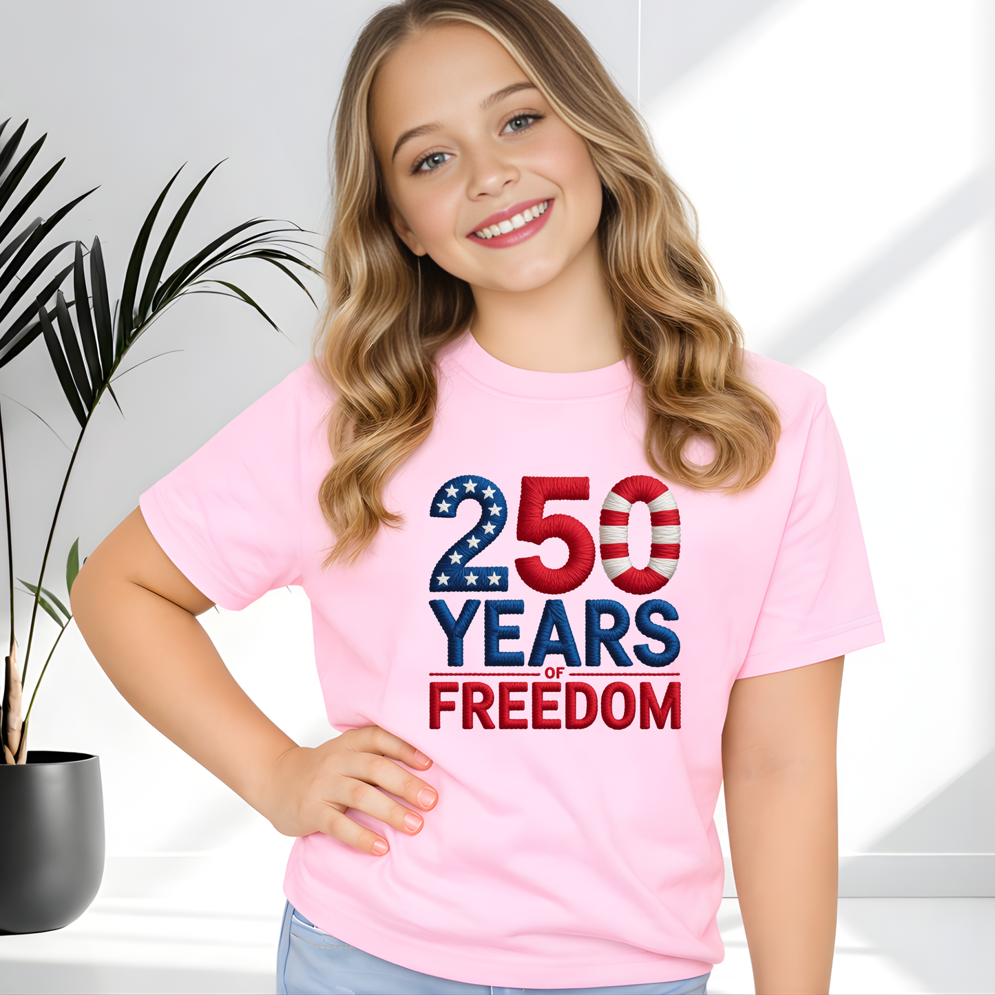 Light pink youth t-shirt with 250 Years of Freedom patriotic 250 design,
