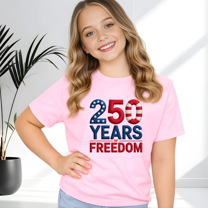 Light pink youth t-shirt with 250 Years of Freedom patriotic 250 design,
