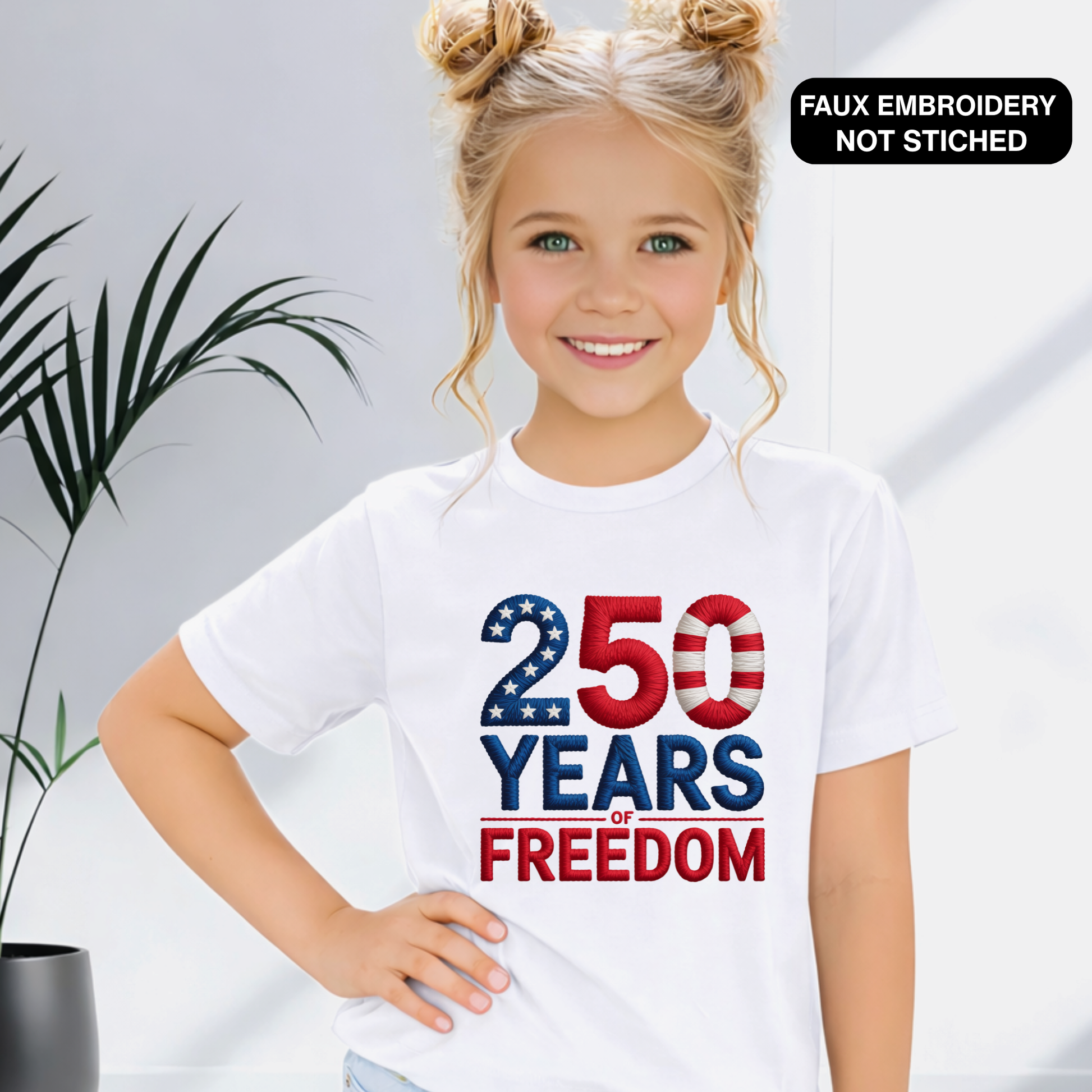 White youth t-shirt with 250 Years of Freedom patriotic design,
