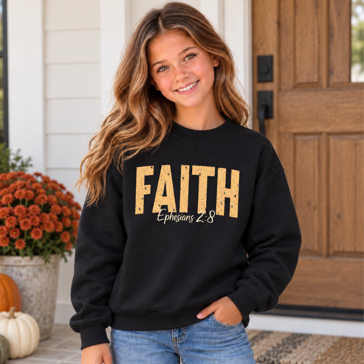 Young model wearing a black youth crewneck sweatshirt featuring distressed gold FAITH text and white Ephesians 2:8 script on a fall porch with pumpkins and mums.