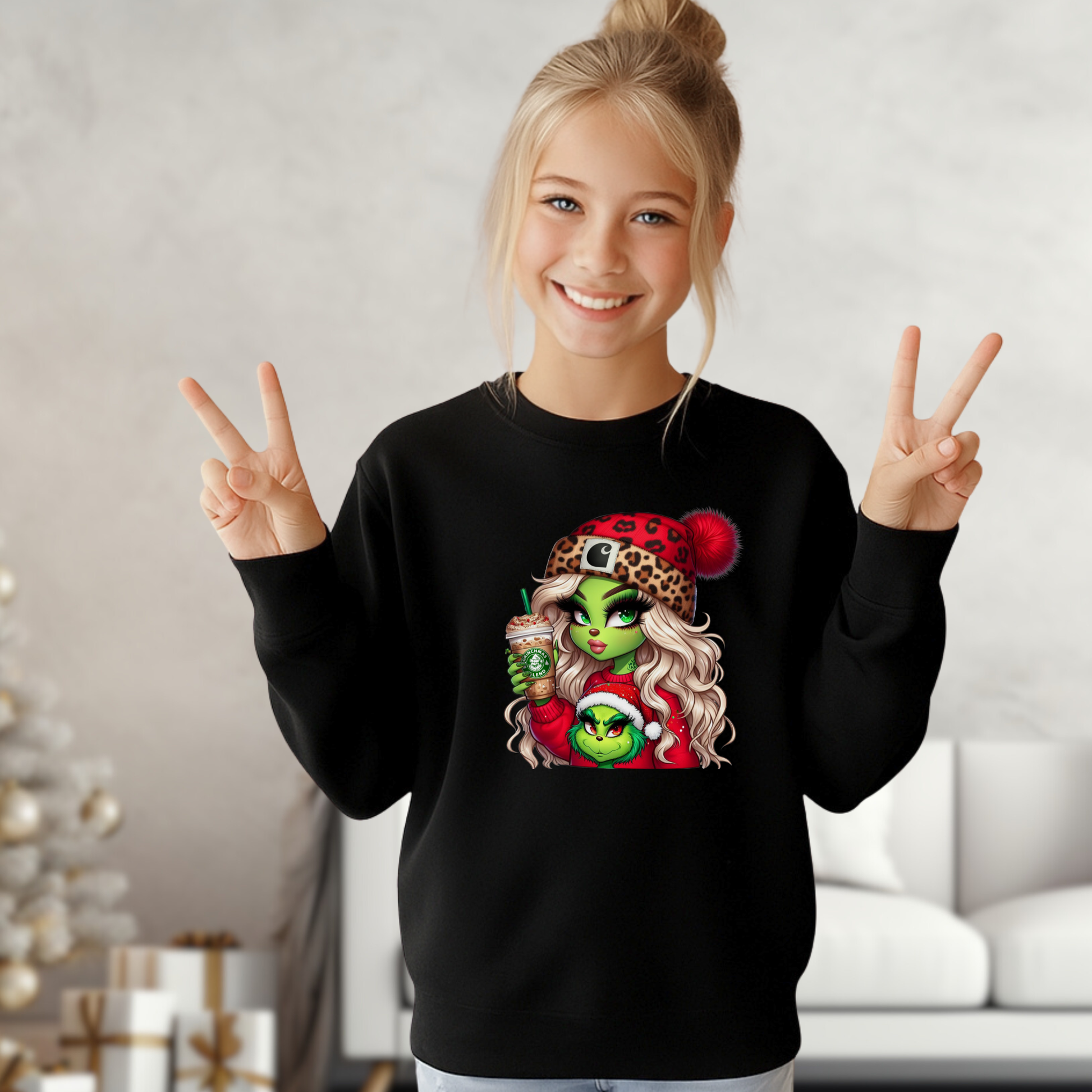 Young girl wearing black Christmas sweatshirt – Boujee Green Girl design
