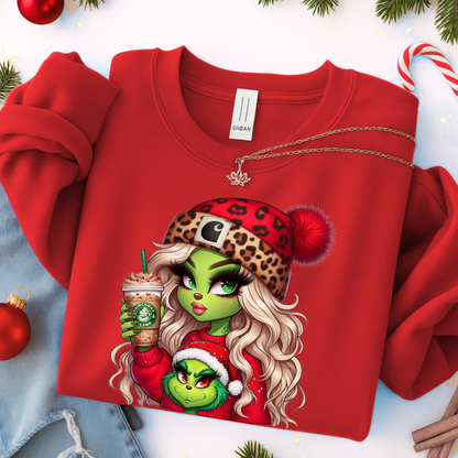 Red Gildan youth sweatshirt – festive Boujee Green Girl print