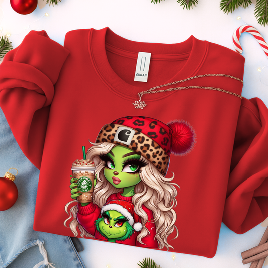 Red Gildan youth sweatshirt – festive Boujee Green Girl print