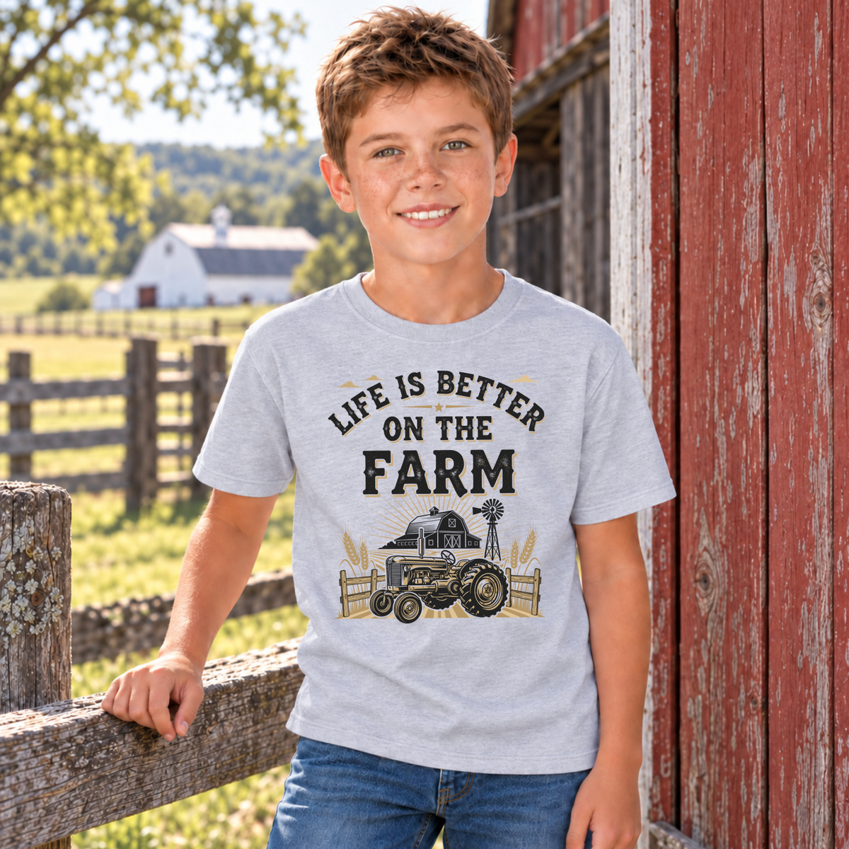 Boy wearing a sports gray youth Life Is Better on the Farm T-shirt leaning on a wooden farm fence.