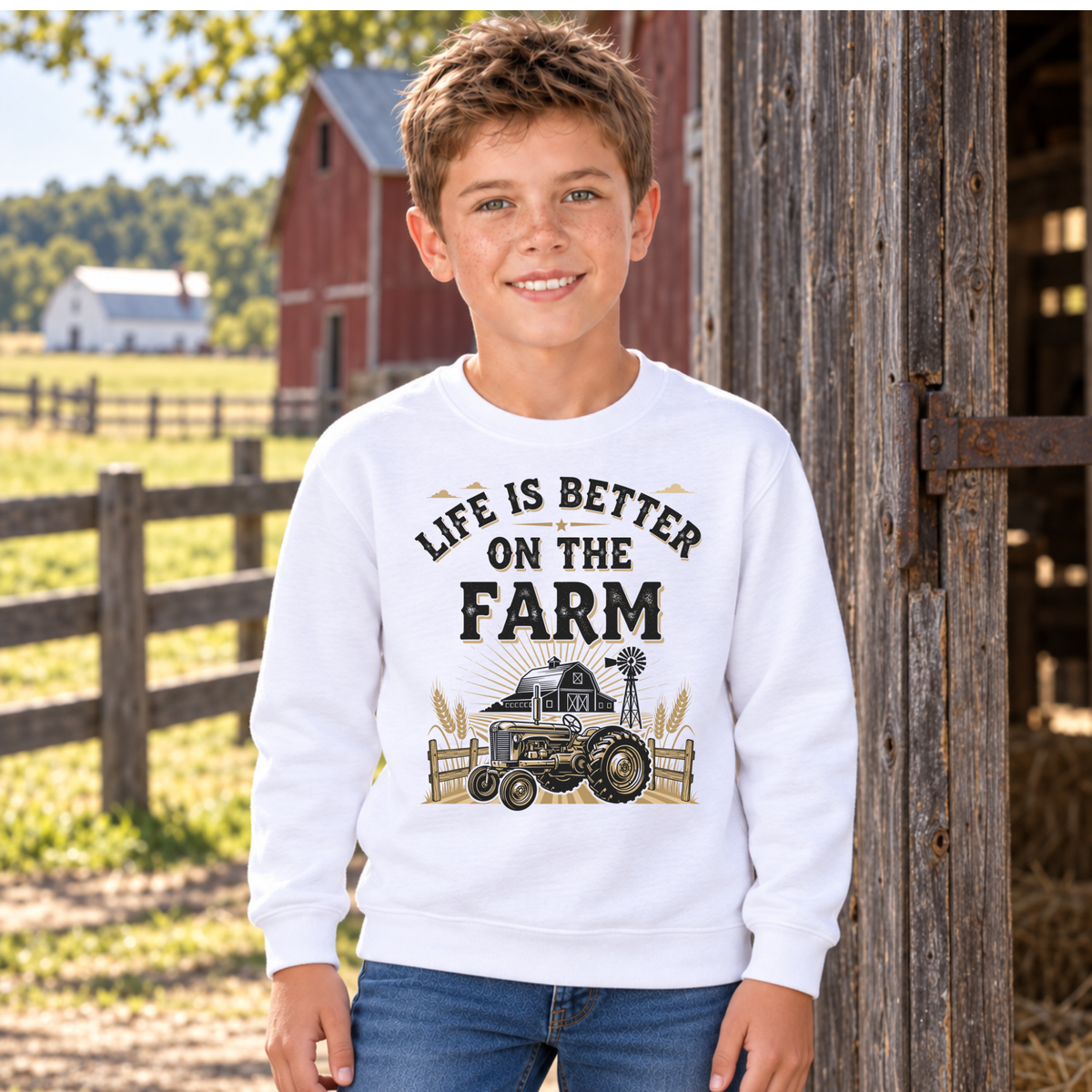 Boy in a white youth Life Is Better on the Farm sweatshirt by a rustic barn doorway and fenced pasture.