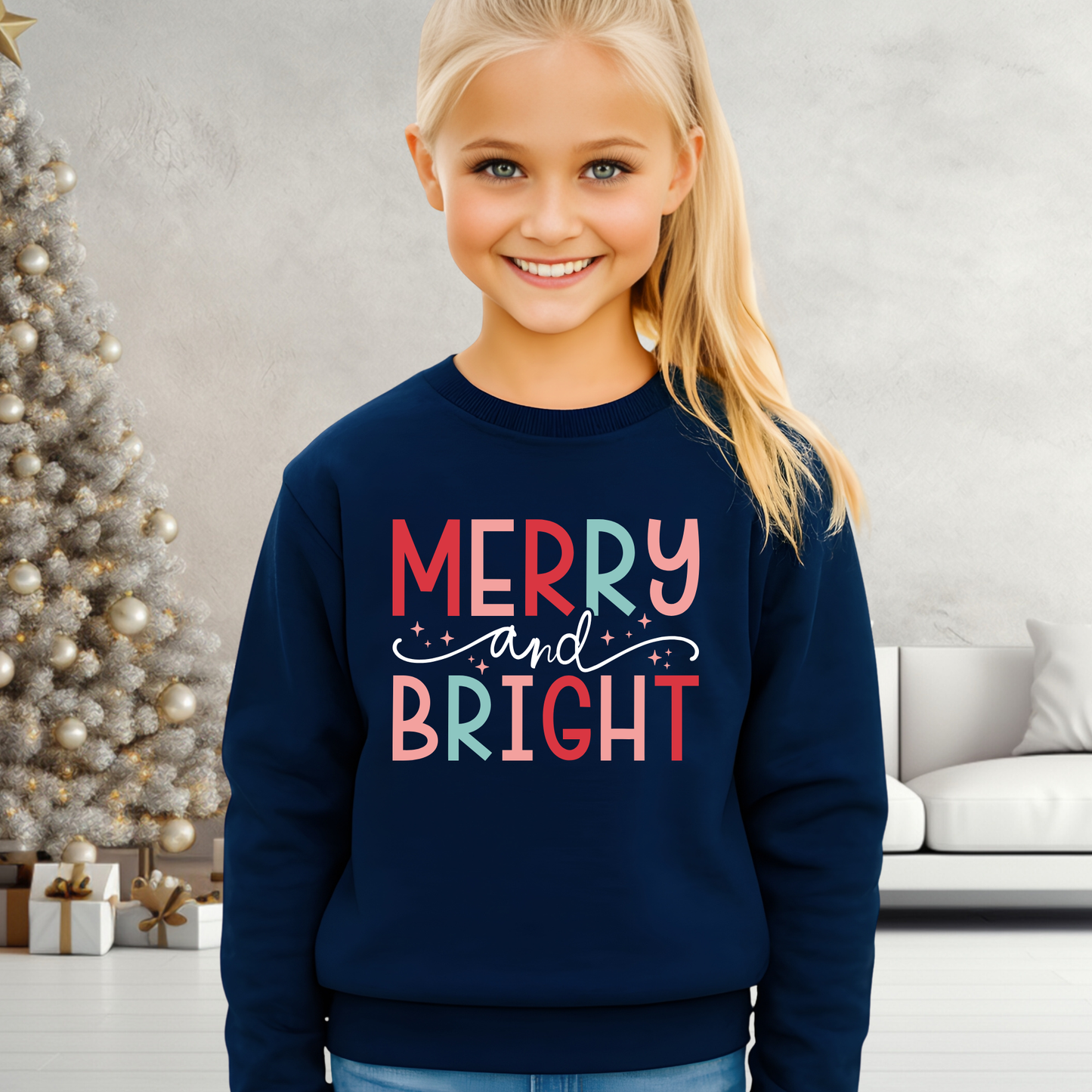 Youth girl wearing navy Merry and Bright Christmas sweatshirt