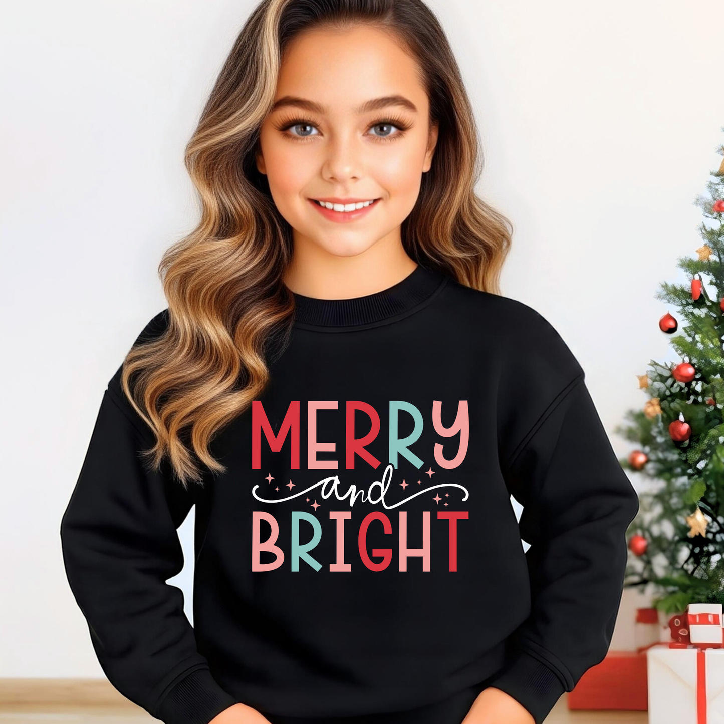 Youth girl wearing black Merry and Bright Christmas sweatshirt